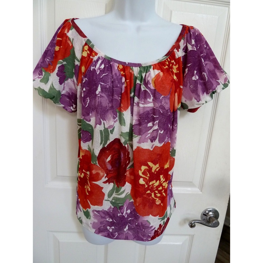 Karen Kane Womens Medium Puff Sleeve Blouse Floral Scoop Neck Top Made USA
